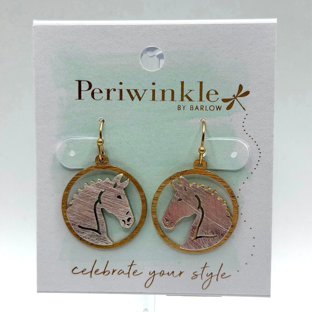 Periwinkle by Barlow Horse Silhouette Dangle Earrings Gold Tone Equestrian